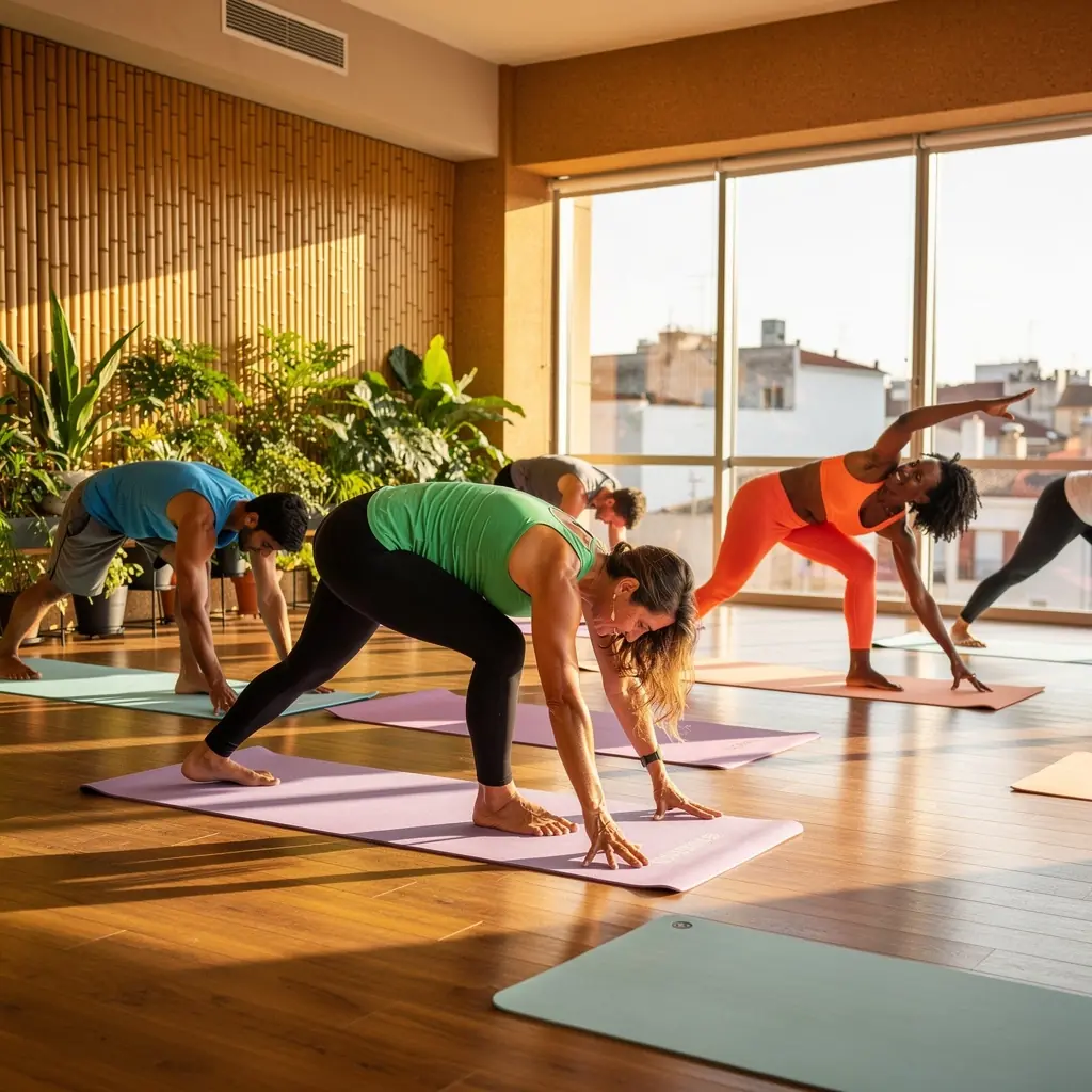 Atleta en posición de estiramiento, mostrando flexibilidad y control.