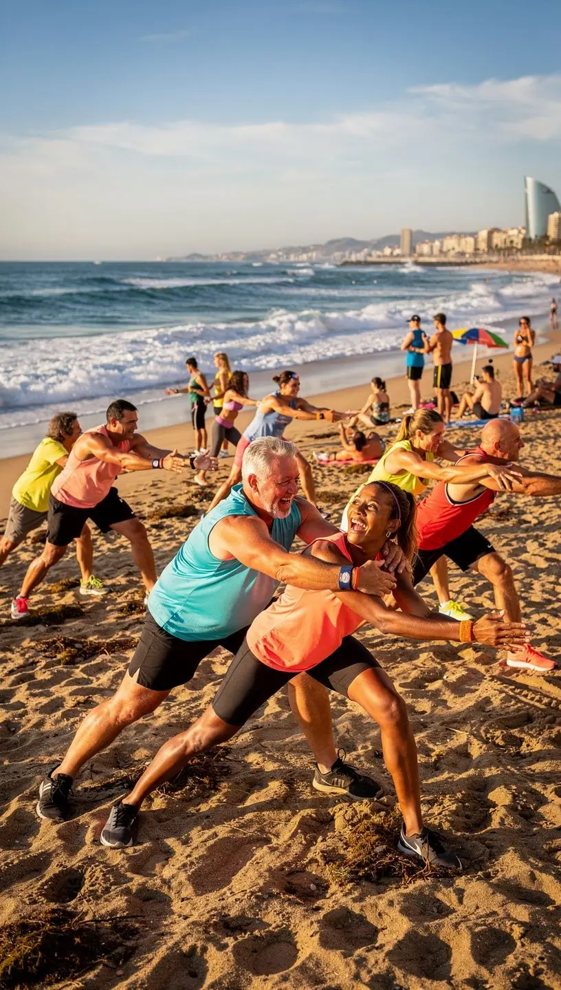 Grupo de participantes practicando ejercicios de movilidad con música suave.