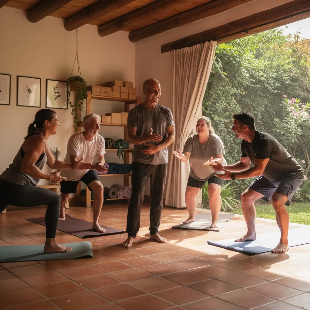 Grupo de participantes practicando ejercicios de movilidad con música suave.