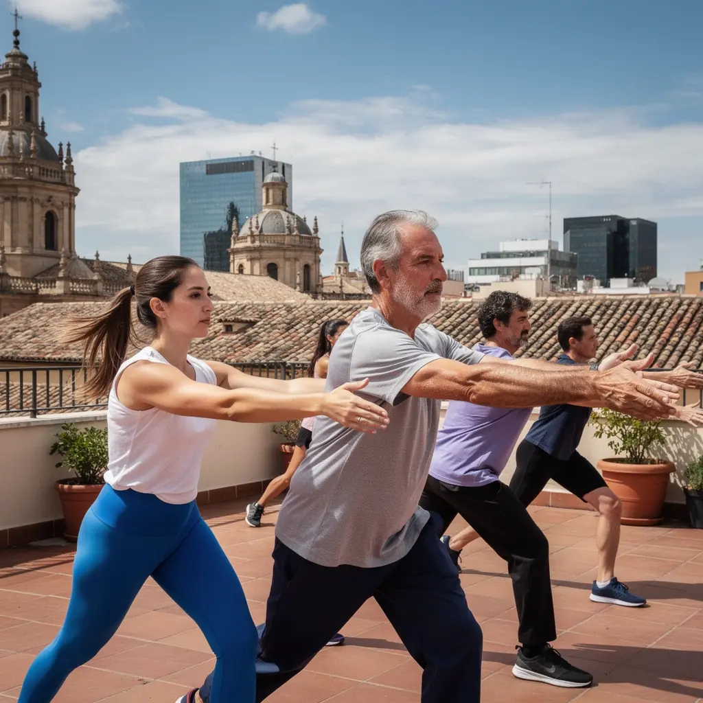 Grupo de participantes practicando ejercicios de movilidad con música suave.