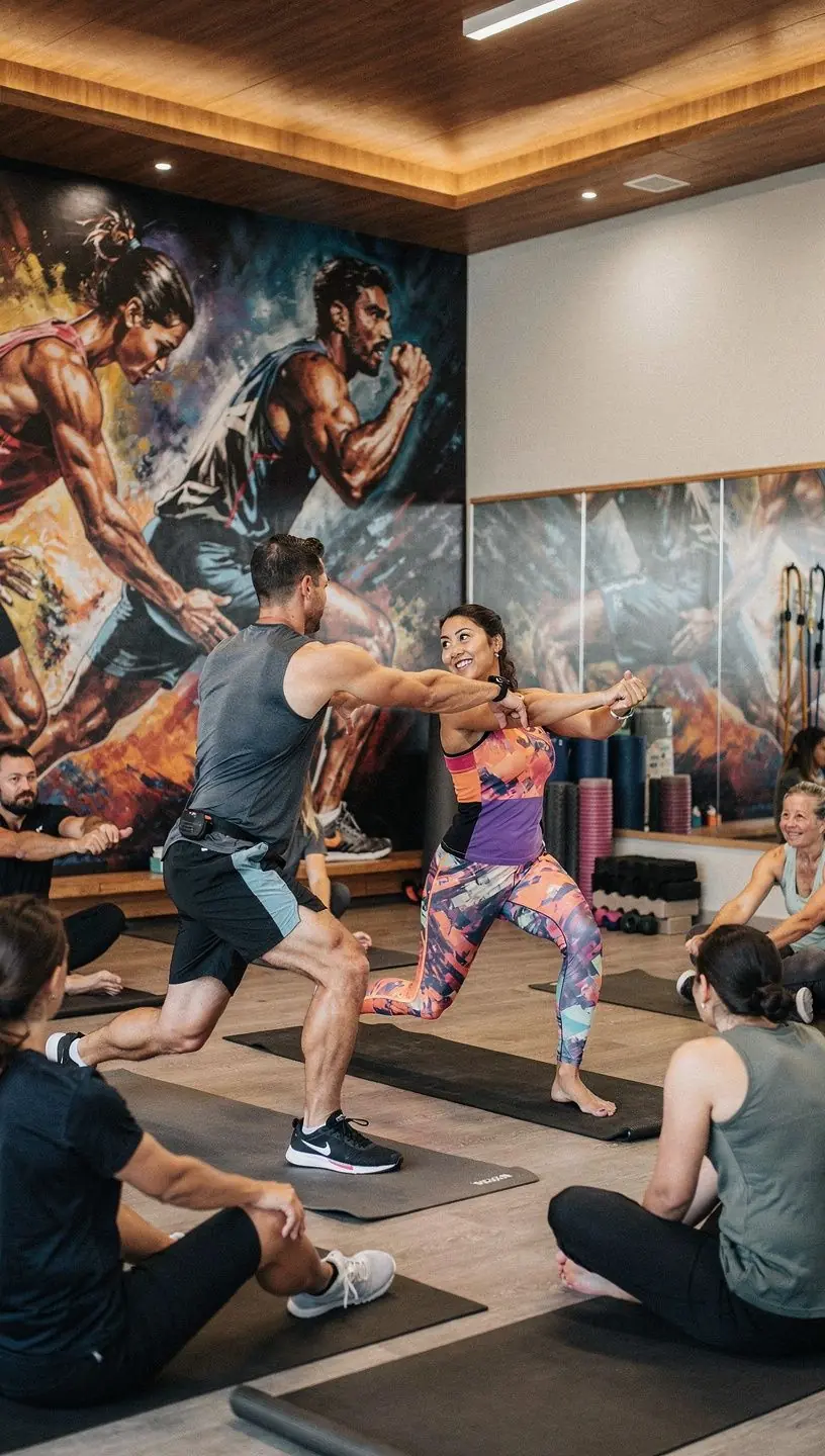 Grupo de participantes practicando ejercicios de movilidad con música suave.