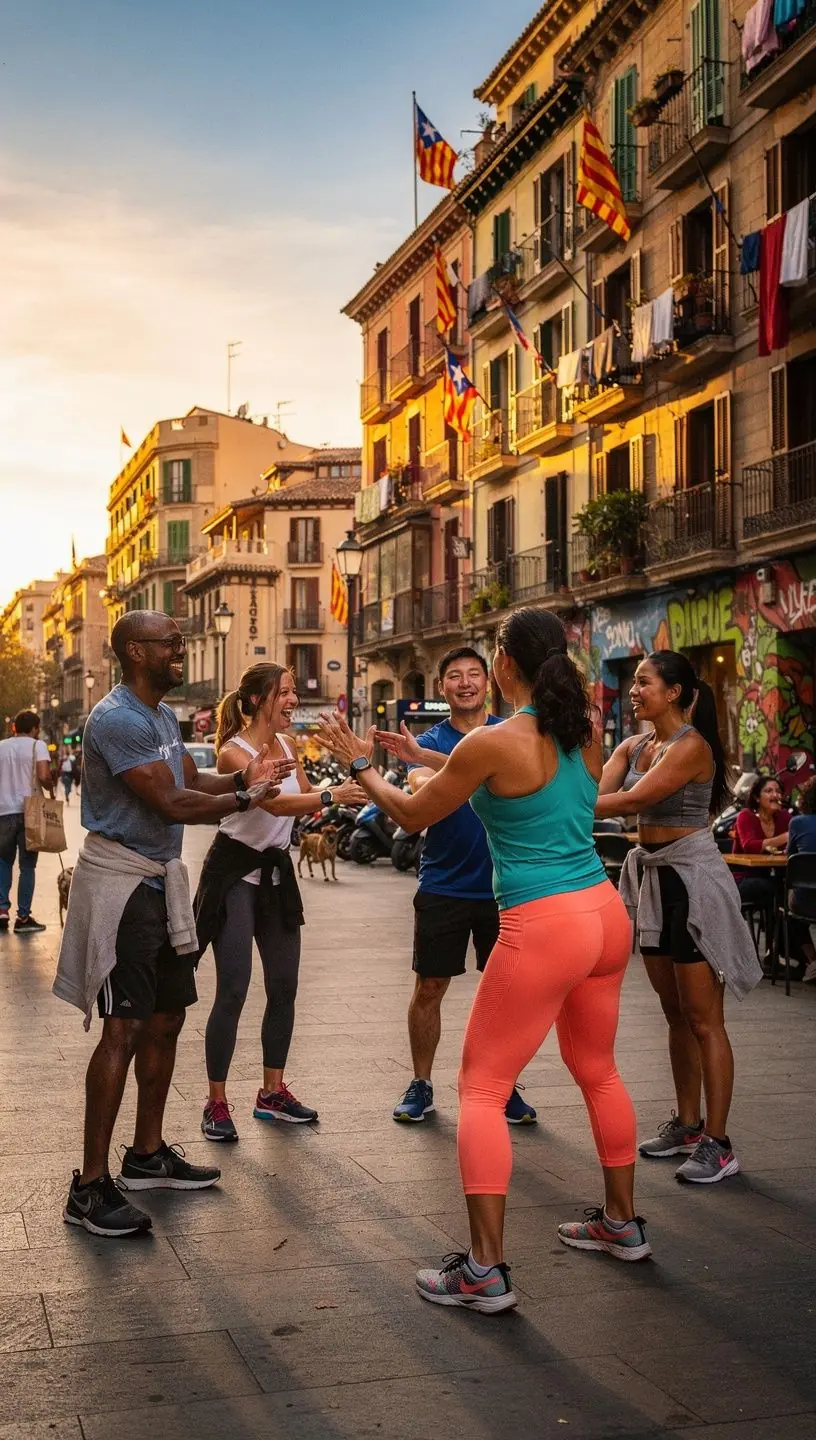 Grupo de participantes practicando ejercicios de movilidad con música suave.