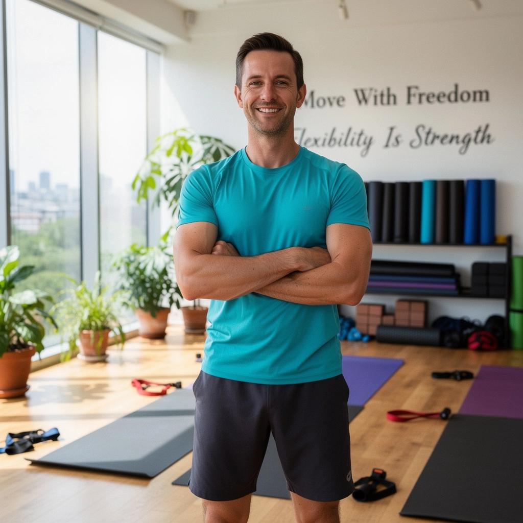 Estudio de yoga donde atletas realizan estiramientos para mejorar la flexibilidad.